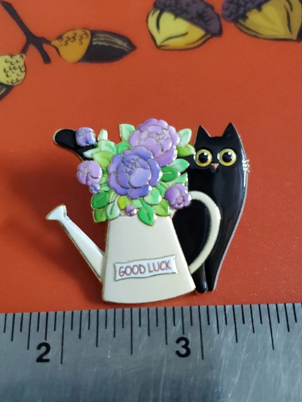 Good Luck Black Cat Enamel Pin with Lavender Flowers